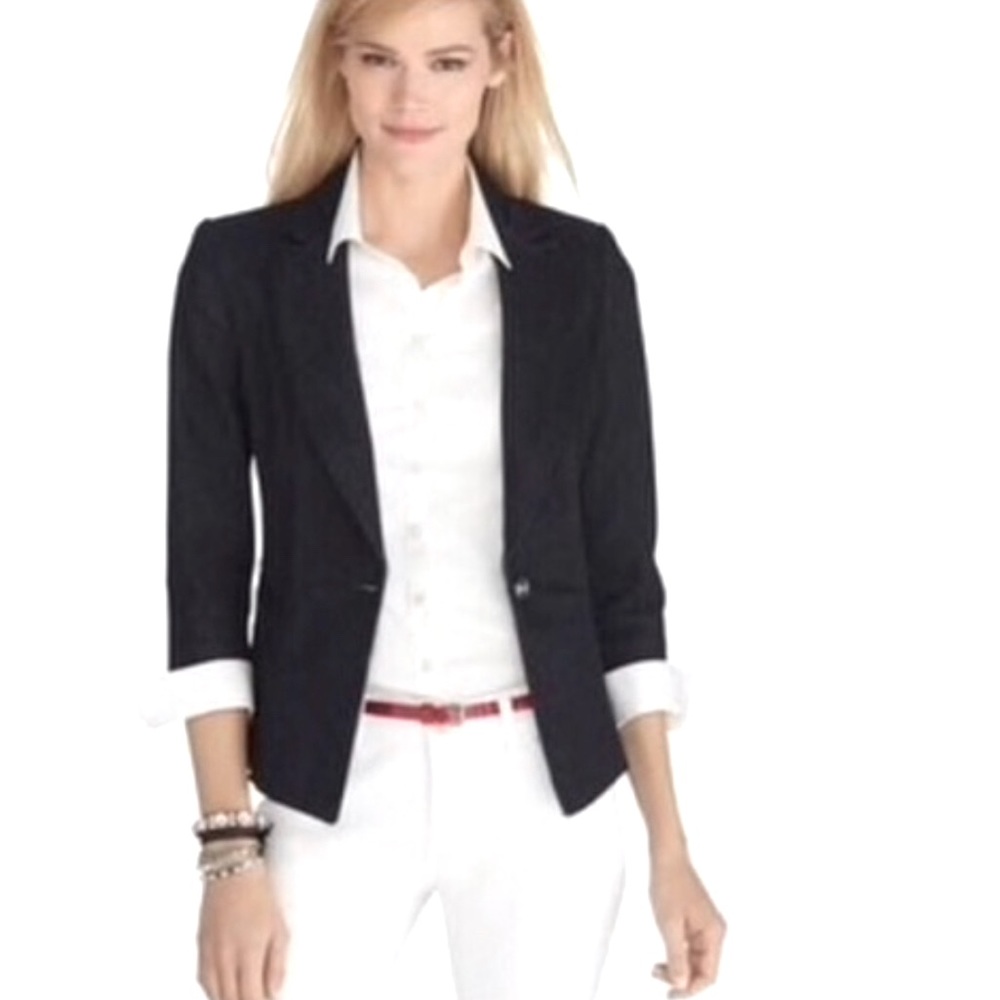 WHBM dark denim stretch blazer with silver buttons